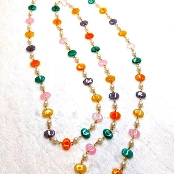 Vintage Natural Stone/Quartz Necklace w/ Faux Pearl Accents - 48" Long - Picture 6 of 8